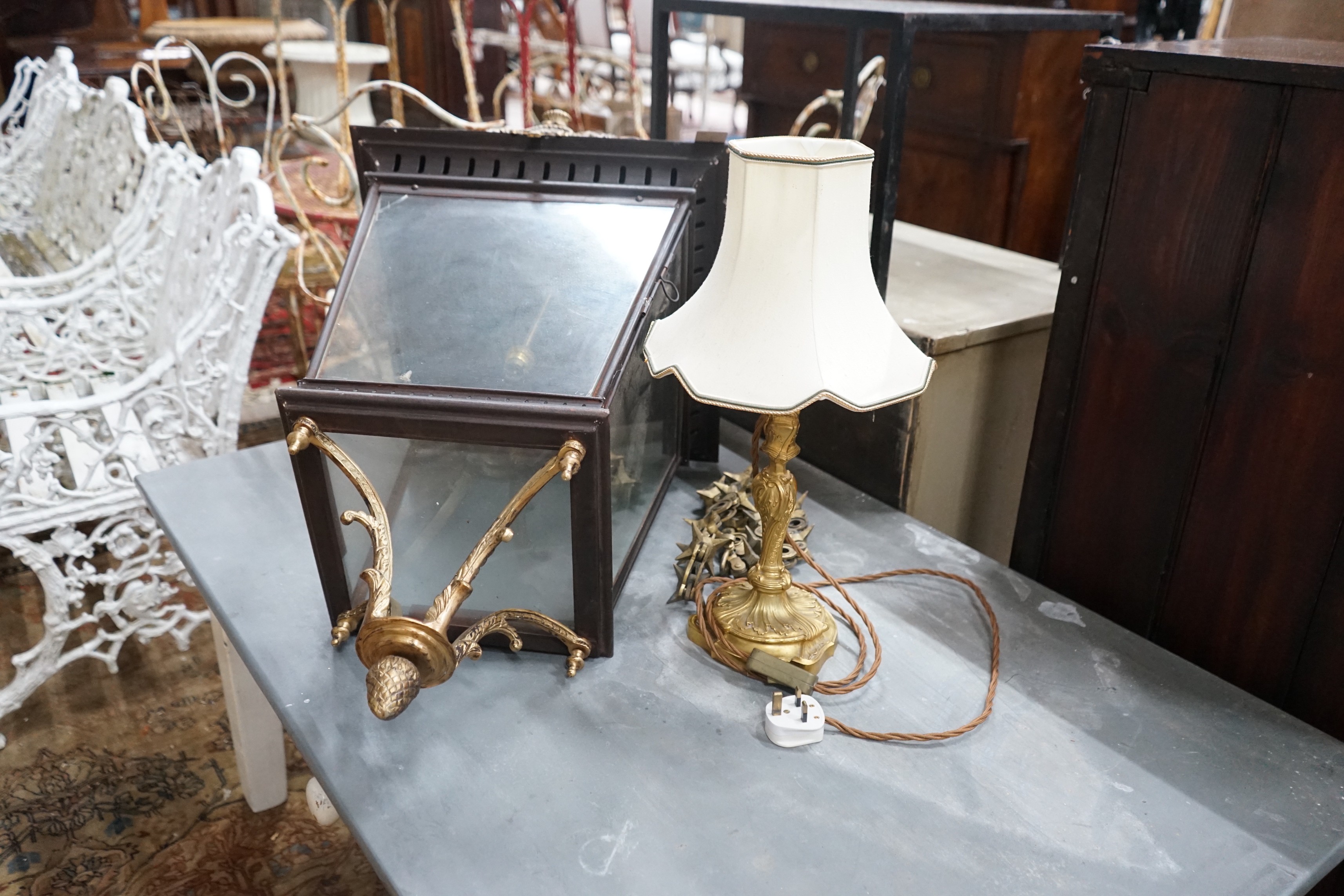 A Victorian style lantern and chain, height 108cm together with a gilt metal table lamp